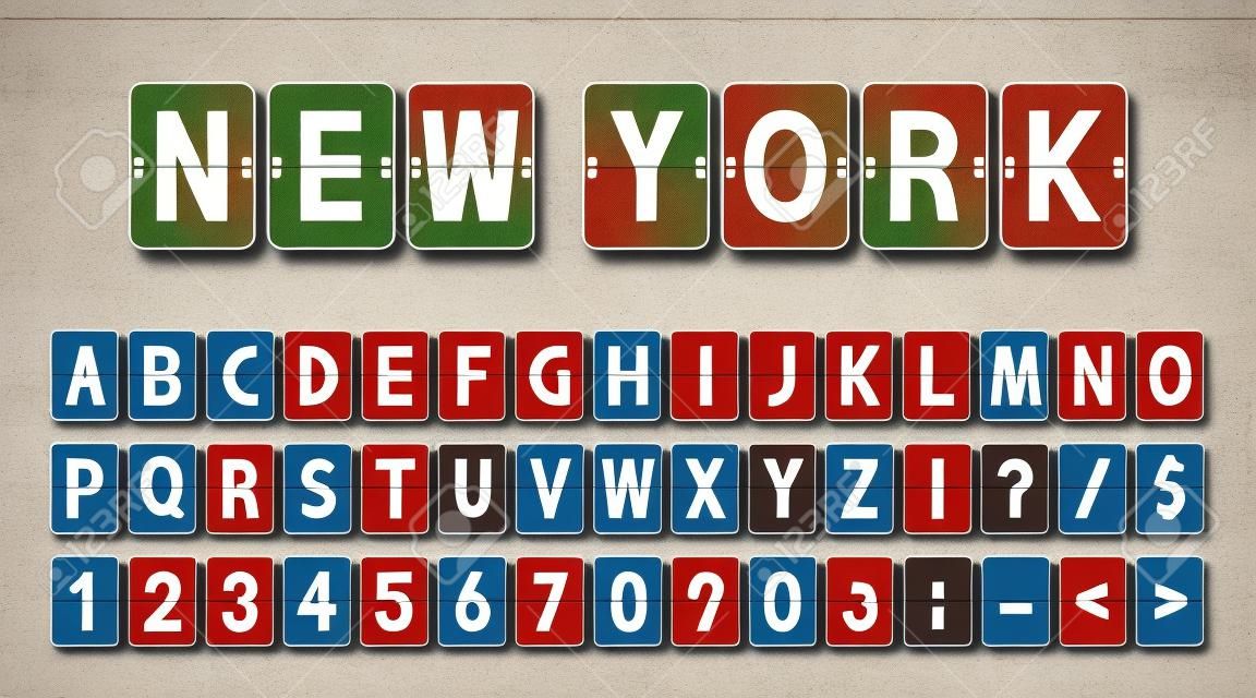 Creatief lettertype in airport board stijl, vliegticket timeboard. Brieven en nummers in vintage stijl, flip flap alfabet. Luchthaven scorebord, informatie paneel, schema.