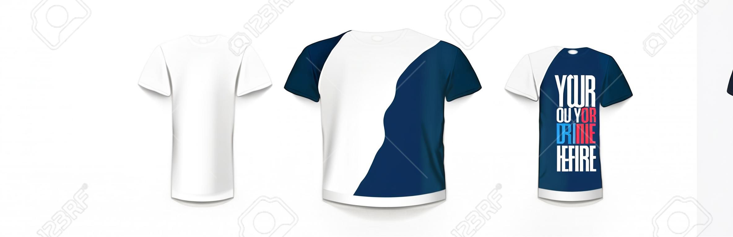 T-shirt mockup in black, white and blue colors. Mockup of realistic t shirt with short sleeves. Set of blank and basic t-shirts with empty space for design. Vector