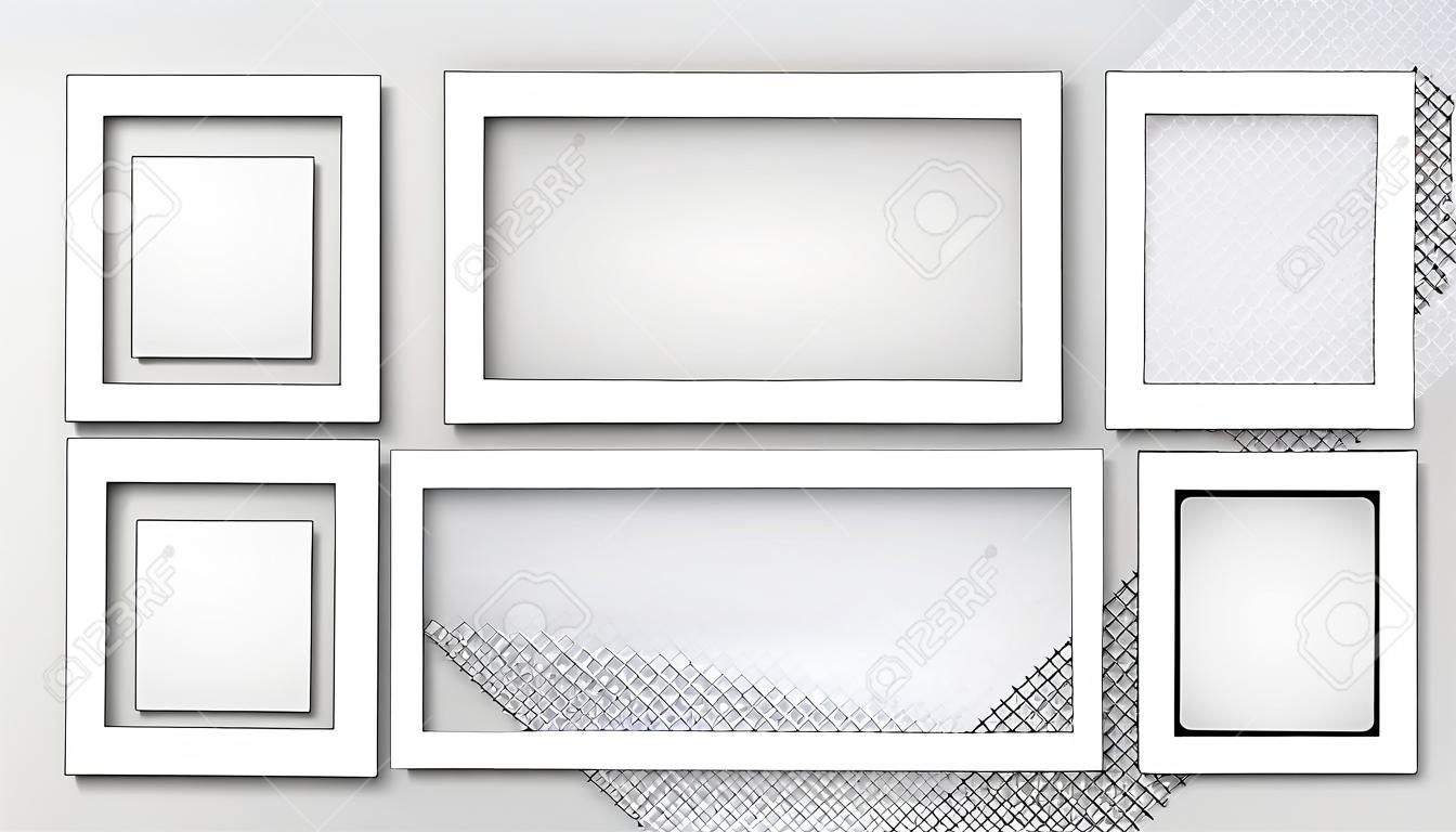 White photo frame for social media with white borders. Blank photo frame mockup with shadow effect and transparent background. Set of rectangle and square picture frames for collage. Vector