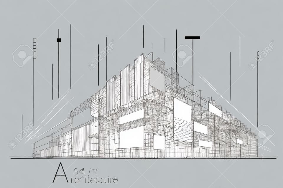 Architettura astratta di prospettiva della costruzione che progetta linea fondo di arte.