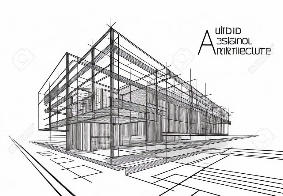 Ilustración 3D Diseño de perspectiva de construcción de arquitectura de imaginación, dibujo en blanco y negro de contorno de edificio urbano moderno abstracto.