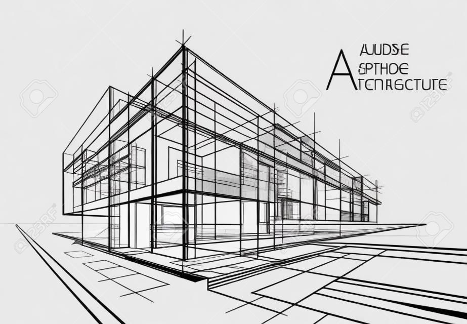 Illustration 3D Conception de perspective de construction de bâtiment d'architecture d'imagination, dessin abstrait en noir et blanc de construction urbaine moderne.