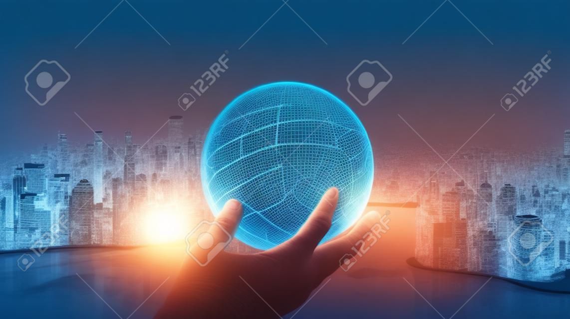 Man hand holds an electronic globe while looking at the city. Illustration Generative AI