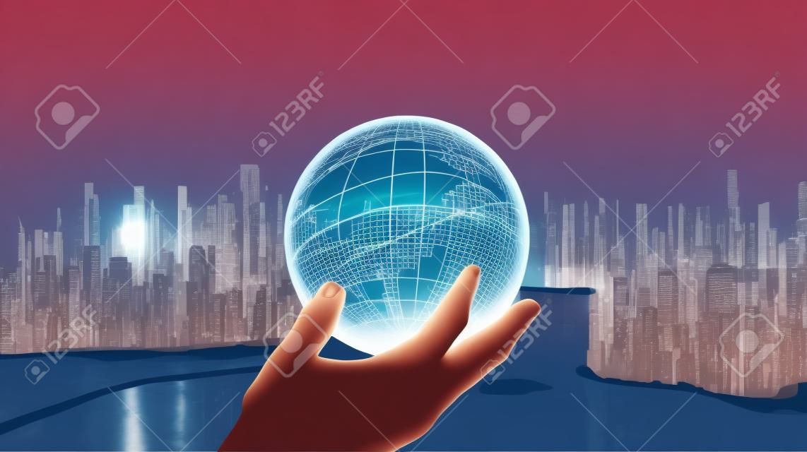 Man hand holds an electronic globe while looking at the city. Illustration Generative AI