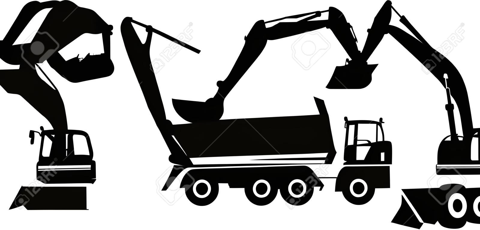 Silhouette excavator and dump truck, illustration 