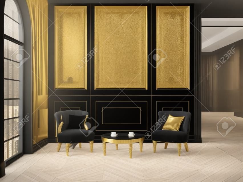 Armchairs and coffee table in classic black-gold interior. 3D render illustration mock up.