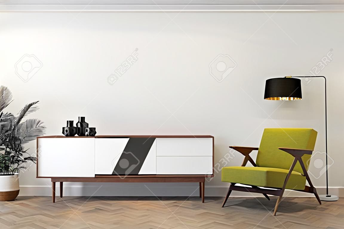 Mid century modern interior empty room with white wall, dresser, console, yellow lounge chair, armchair, floor lamp, wood floor. 3d render illustration mockup.