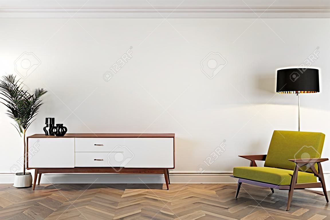 Mid century modern interior empty room with white wall, dresser, console, yellow lounge chair, armchair, floor lamp, wood floor. 3d render illustration mockup.