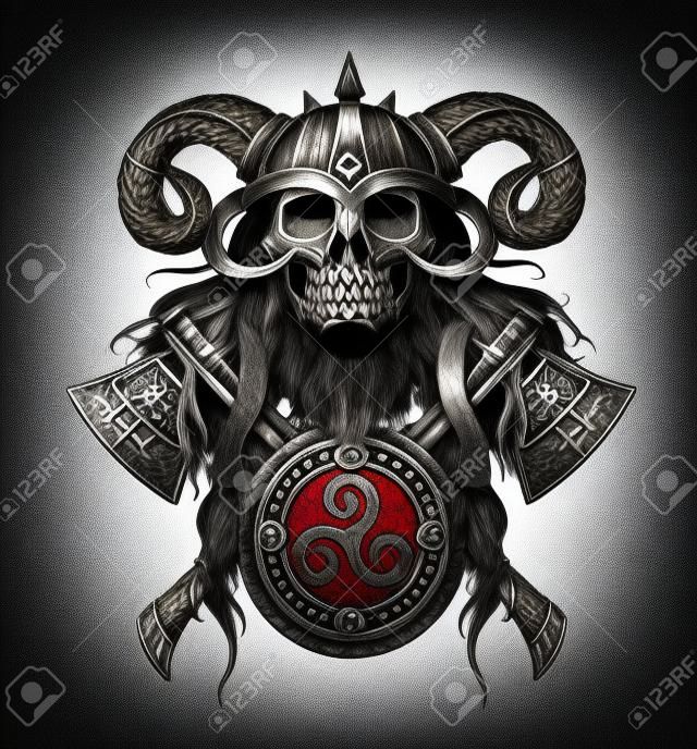 emblema do crânio viking com machados e escudo