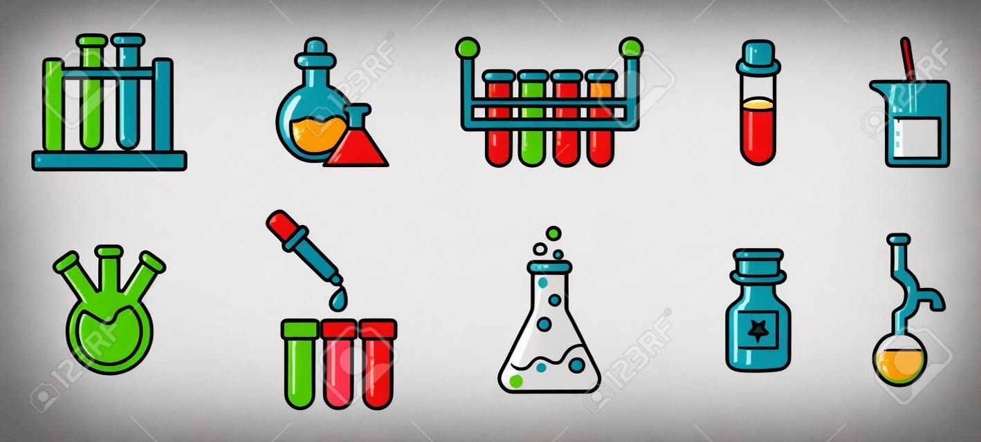 Conjunto de ícones de potes químicos, estilo de desenho animado