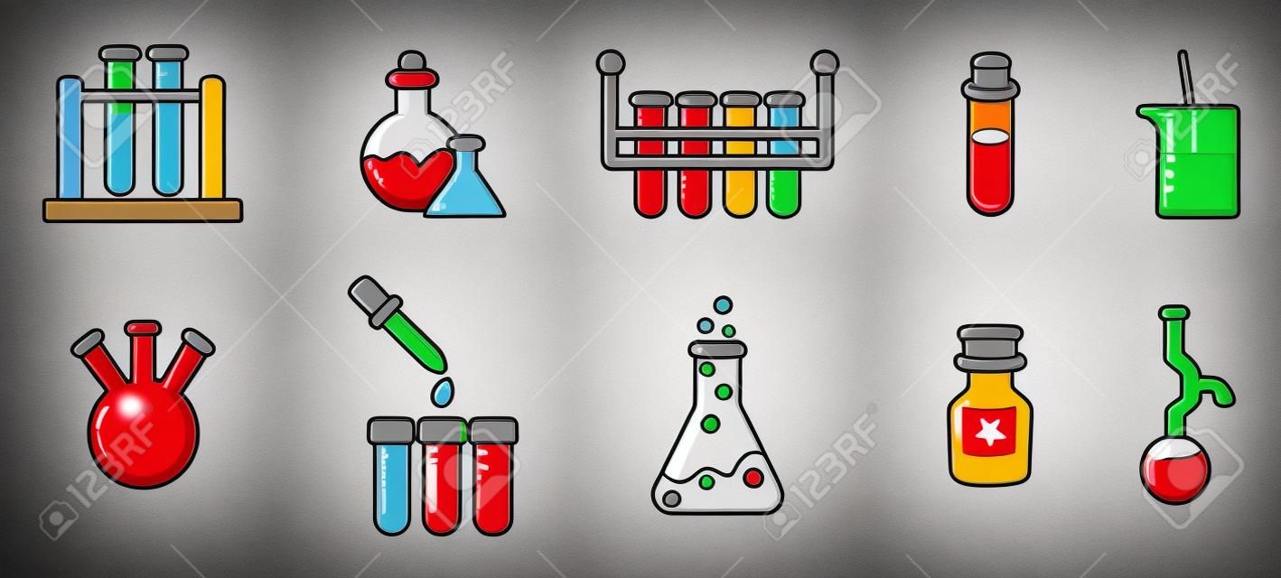 Conjunto de ícones de potes químicos, estilo de desenho animado