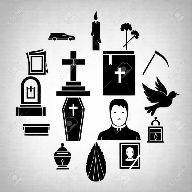 Begräbnisikonen eingestellt. Einfache Illustration von 16 Begräbnisvektorikonen für Web