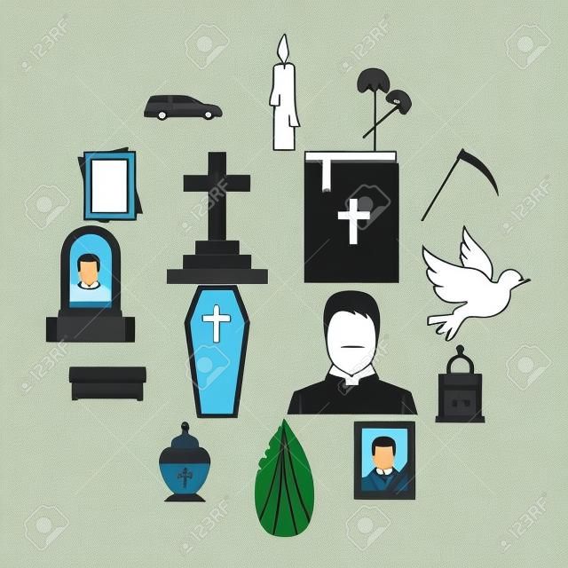 葬儀のアイコンセット。ウェブ用の16の葬儀ベクトルアイコンの簡単なイラスト