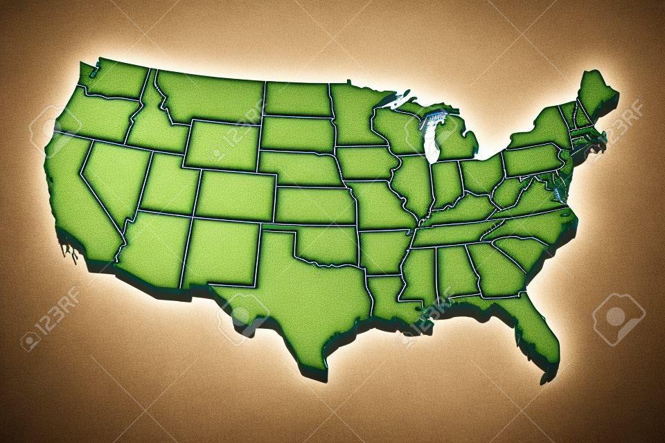 美国地图与国家边界3D渲染