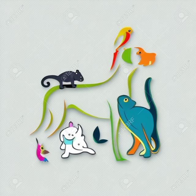 애완 동물의 벡터 그룹 - 개, 고양이, 앵무새, 카멜레온, 토끼, 나비 흰색 배경에 고립