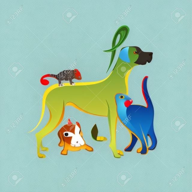 Vector csoport háziállat - kutya, macska, papagáj, kaméleon, nyúl, lepke elszigetelt fehér háttér