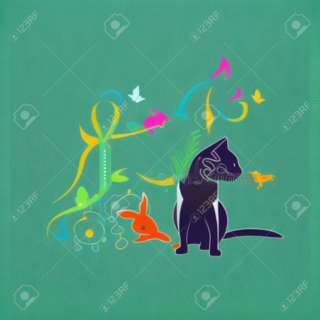 Grupo de vector de animales domésticos - perro, gato, colibrí, loro, camaleón, mariposa, conejo aislado sobre fondo blanco. Icono de mascota o logotipo, ilustración vectorial en capas fácil de editar.