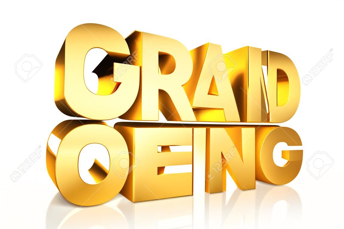 3D gold text grand opening on white background with reflection.