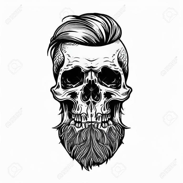 Skull tattoo mustache beard Hipster Vector Hand drawn line art design print shirt, poster, textiles,
