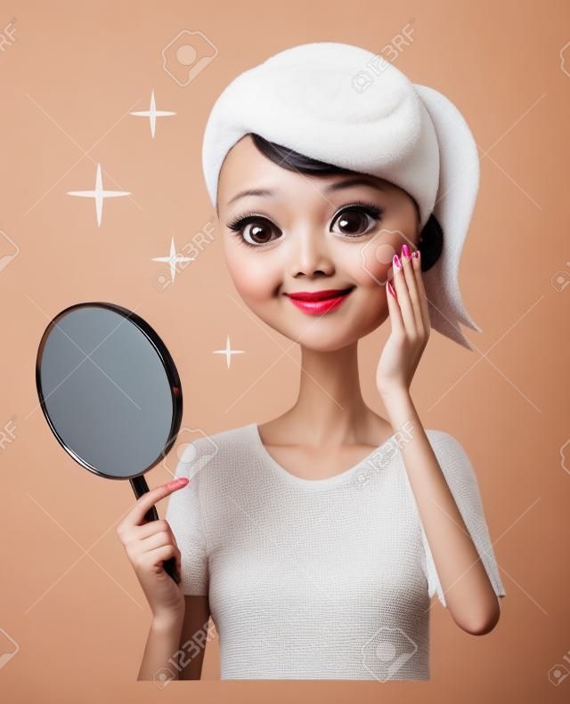 a woman looking at a hand mirror smiled at her healthy skin.