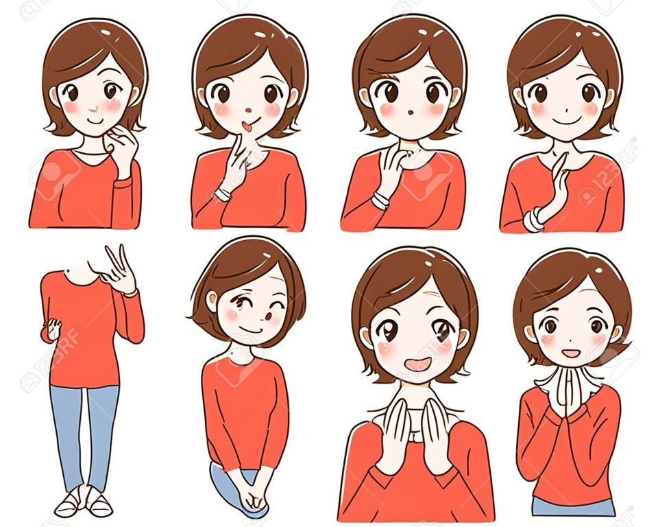 A middle-aged woman has various facial expressions, vector illustration.