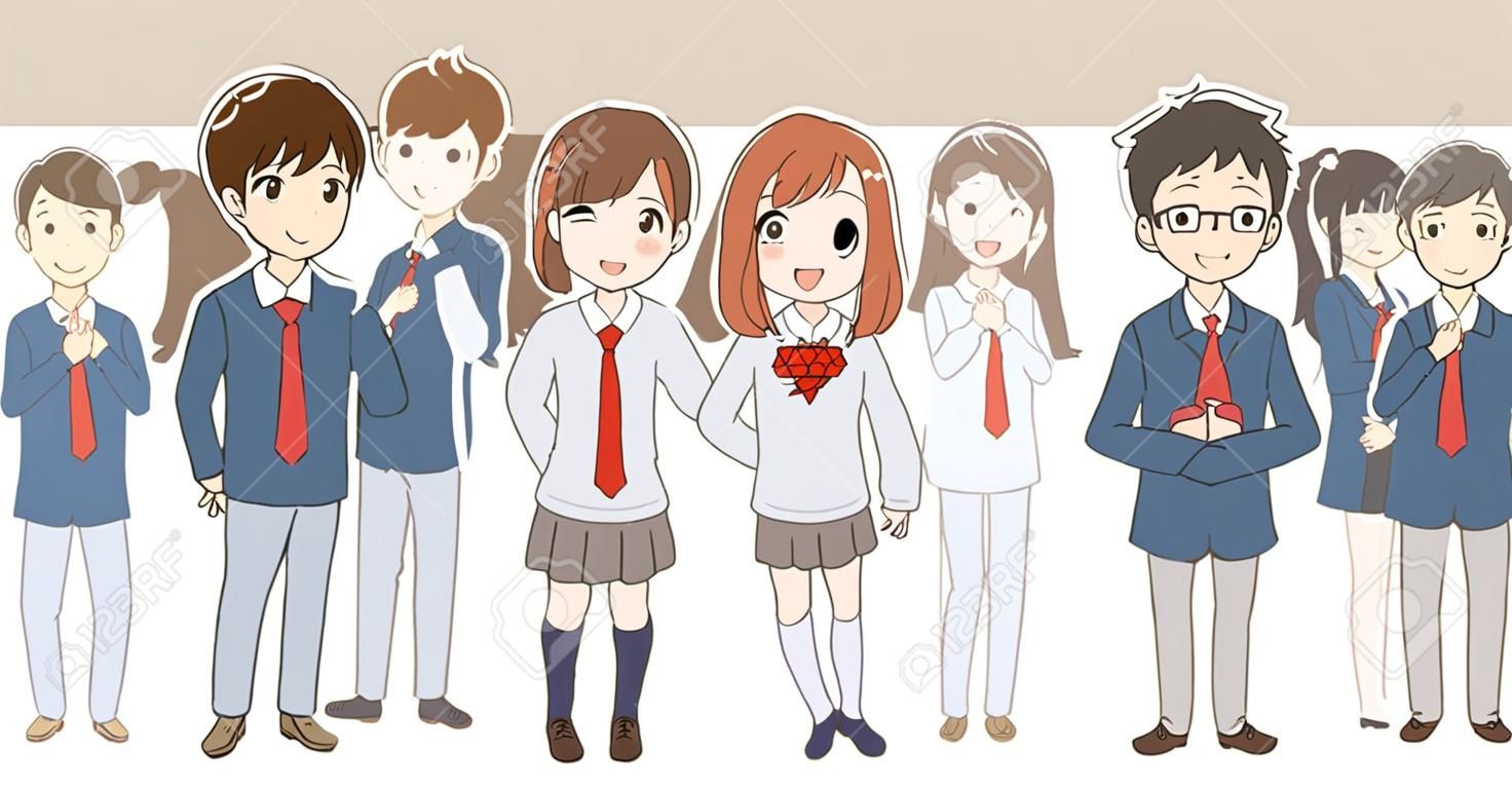 Een groep Japanse middelbare scholieren vermaken zich.