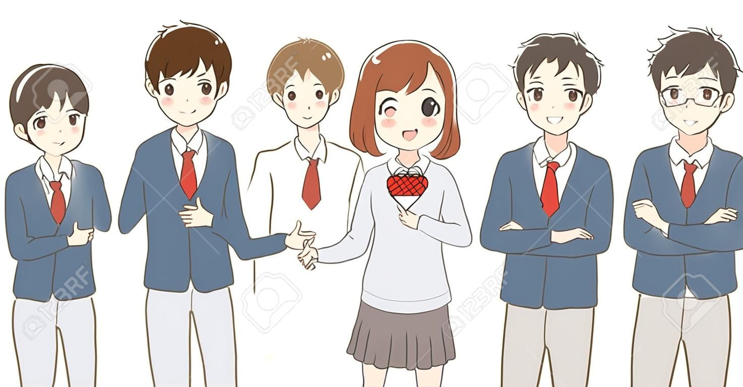 A japán középiskolások egy csoportja élvezi magát.