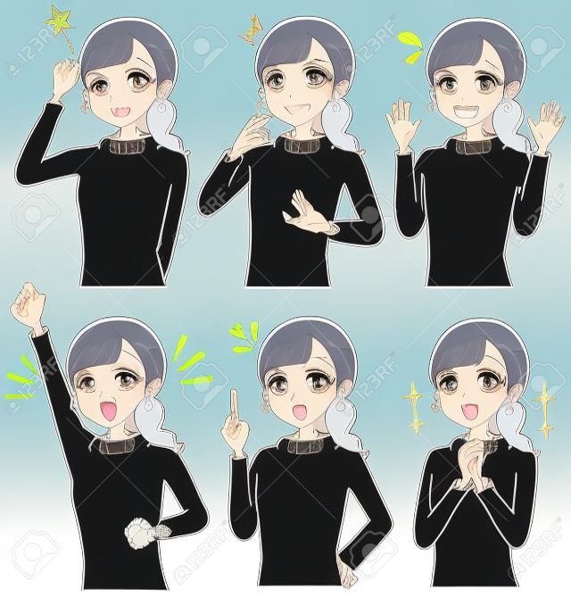 Una mujer con varias expresiones. Estilo anime japonés