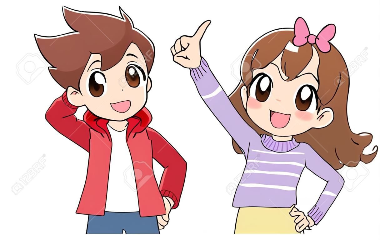 A boy and a girl are pointing at the top left with hope.