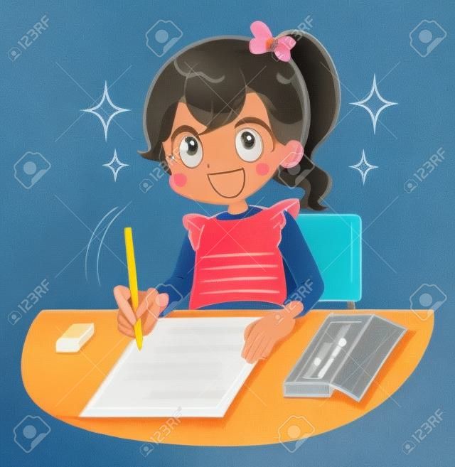 Uma garota está trabalhando no teste. Ela está brilhando cheia de esperança com um sorriso.