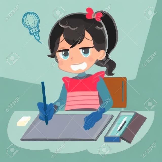 A girl is working on studying. She has a disappointing look.