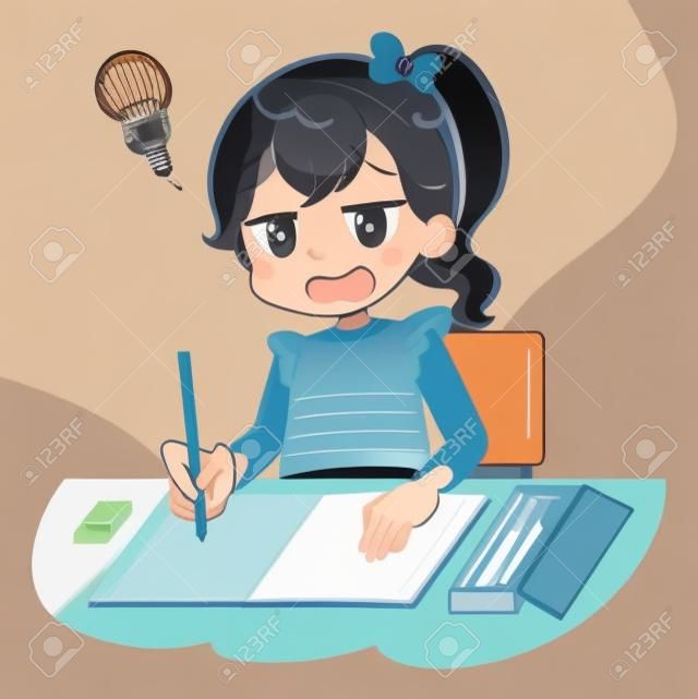 A girl is working on studying. She has a disappointing look.