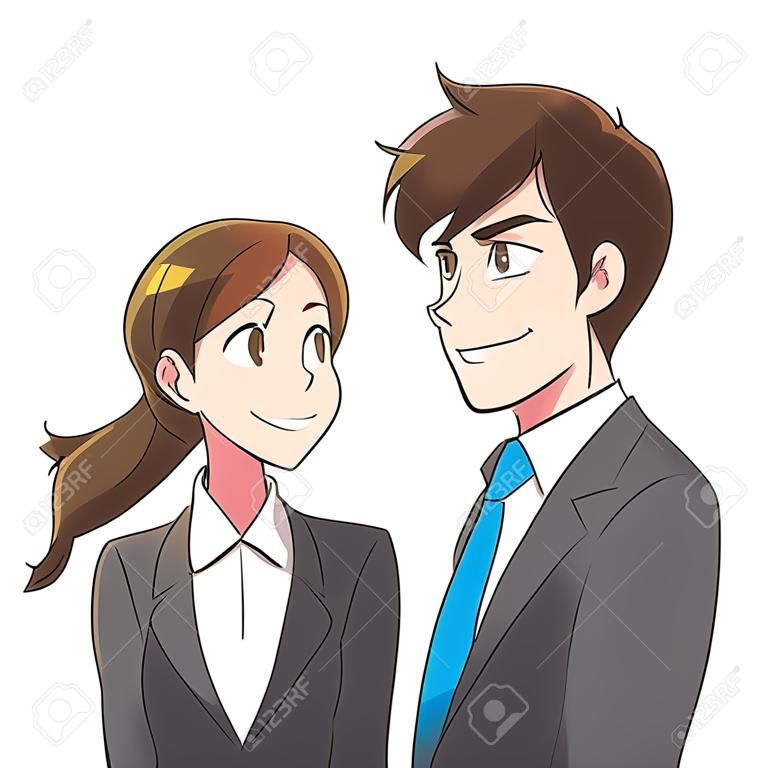 Young business man and woman look into the distance with a smile. She is confident.