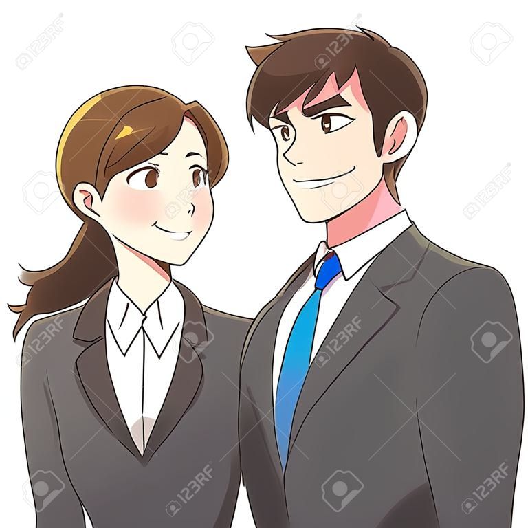 Young business man and woman look into the distance with a smile. She is confident.