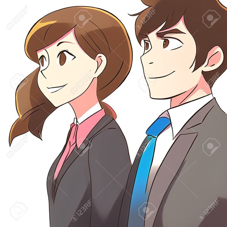 Młody biznesowy mężczyzna i kobieta patrzeć w dal z uśmiechem. Ona jest przekonana.
