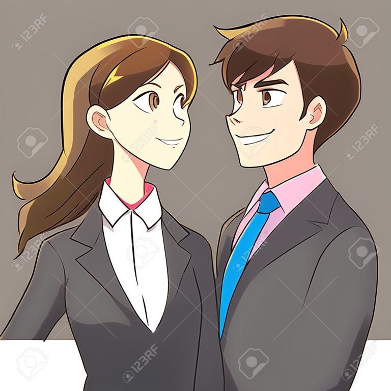 Un jeune homme et une femme d'affaires regardent au loin avec un sourire. Elle est confiante.