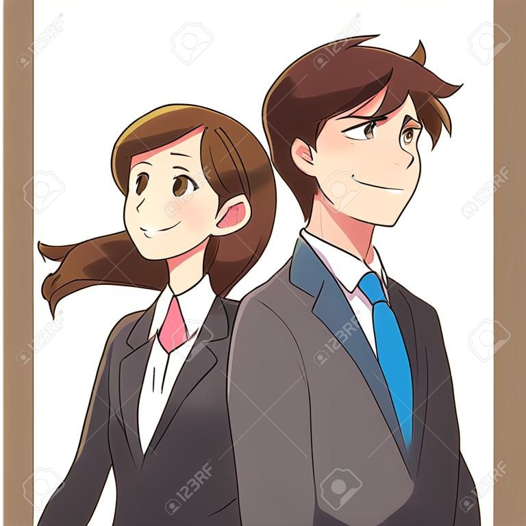 Jonge zakenman en vrouw kijken in de verte met een glimlach. Ze is zelfverzekerd.