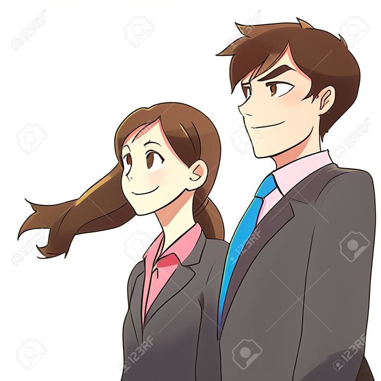 Un jeune homme et une femme d'affaires regardent au loin avec un sourire. Elle est confiante.