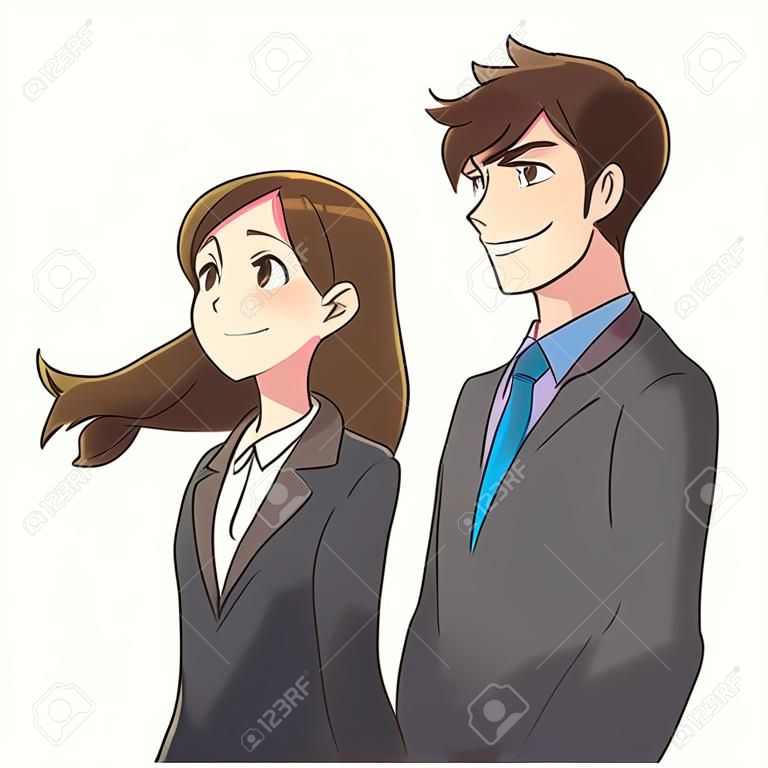 Junger Geschäftsmann und junge Frau schauen mit einem Lächeln in die Ferne. Sie ist selbstbewusst.