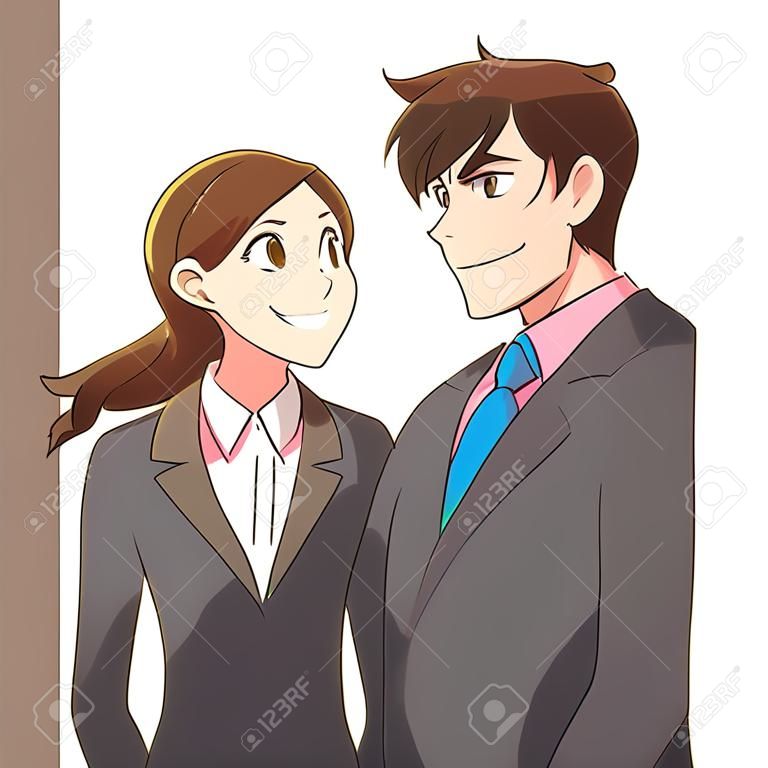 Il giovane uomo e la donna di affari esaminano la distanza con un sorriso. Lei é sicura.