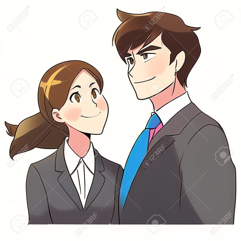 Młody biznesowy mężczyzna i kobieta patrzeć w dal z uśmiechem. Ona jest przekonana.