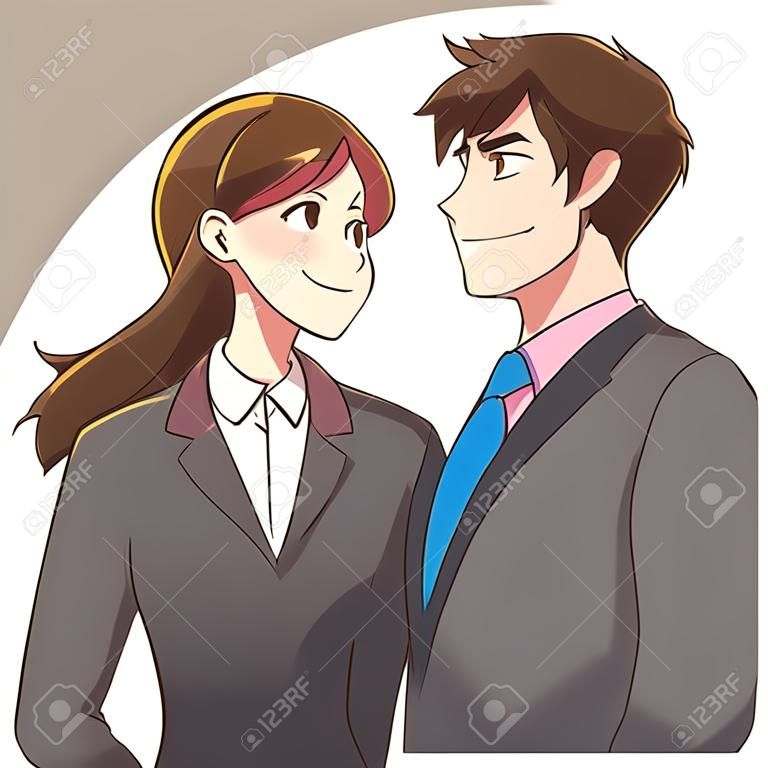 Mujer y hombre de negocios joven miran en la distancia con una sonrisa. Está segura.