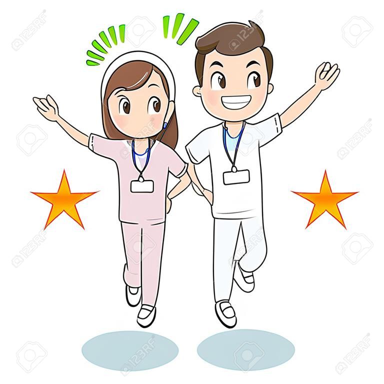 Twee jonge mannelijke en vrouwelijke verpleegsters dragen witachtige uniformen.Ze hebben positieve emoties.