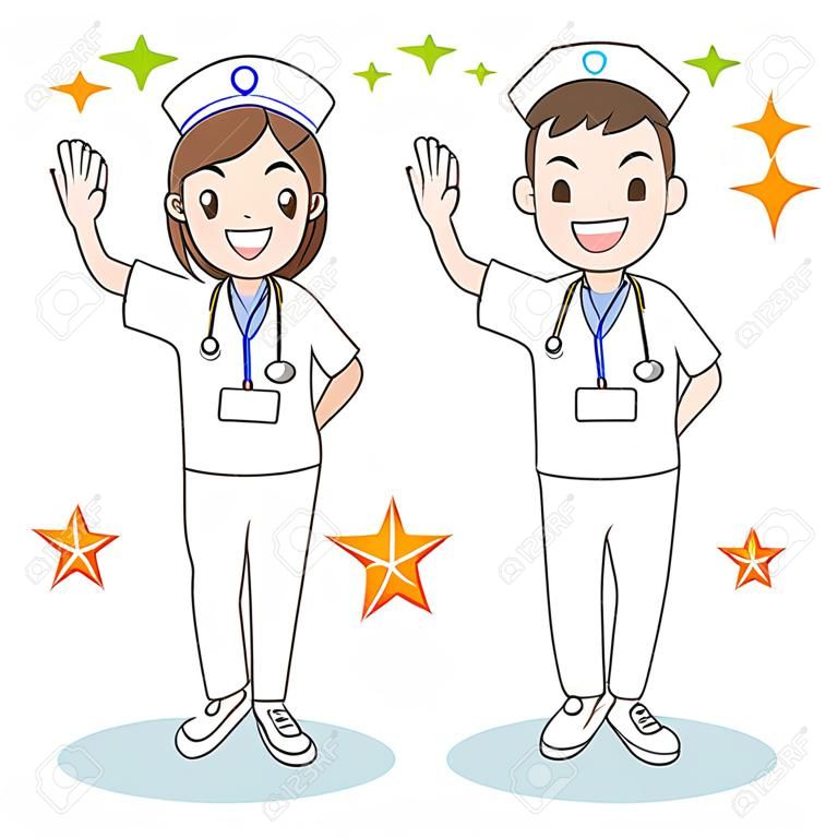 Due giovani infermiere e infermiere che indossano uniformi biancastre. Hanno emozioni positive.