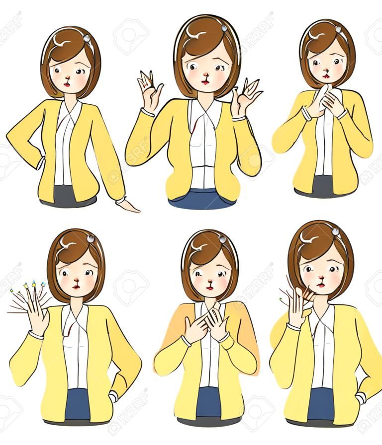 Młoda kobieta ma na sobie żółty sweter. ma różne wyrażenia.