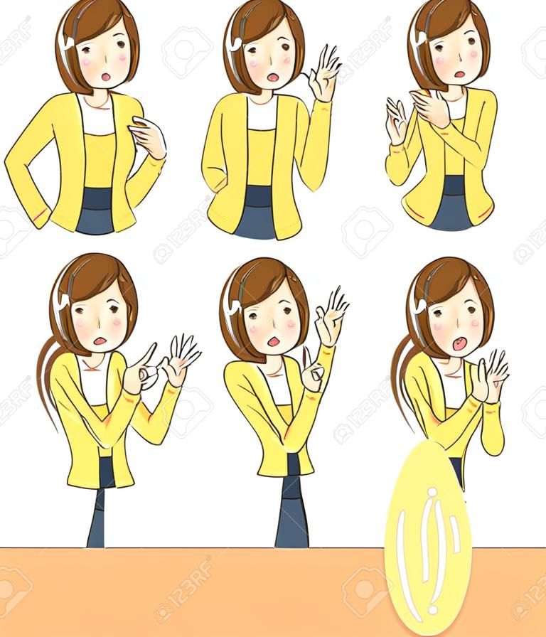 Jovem mulher vestindo um cardigan amarelo.Ela tem várias expressões.