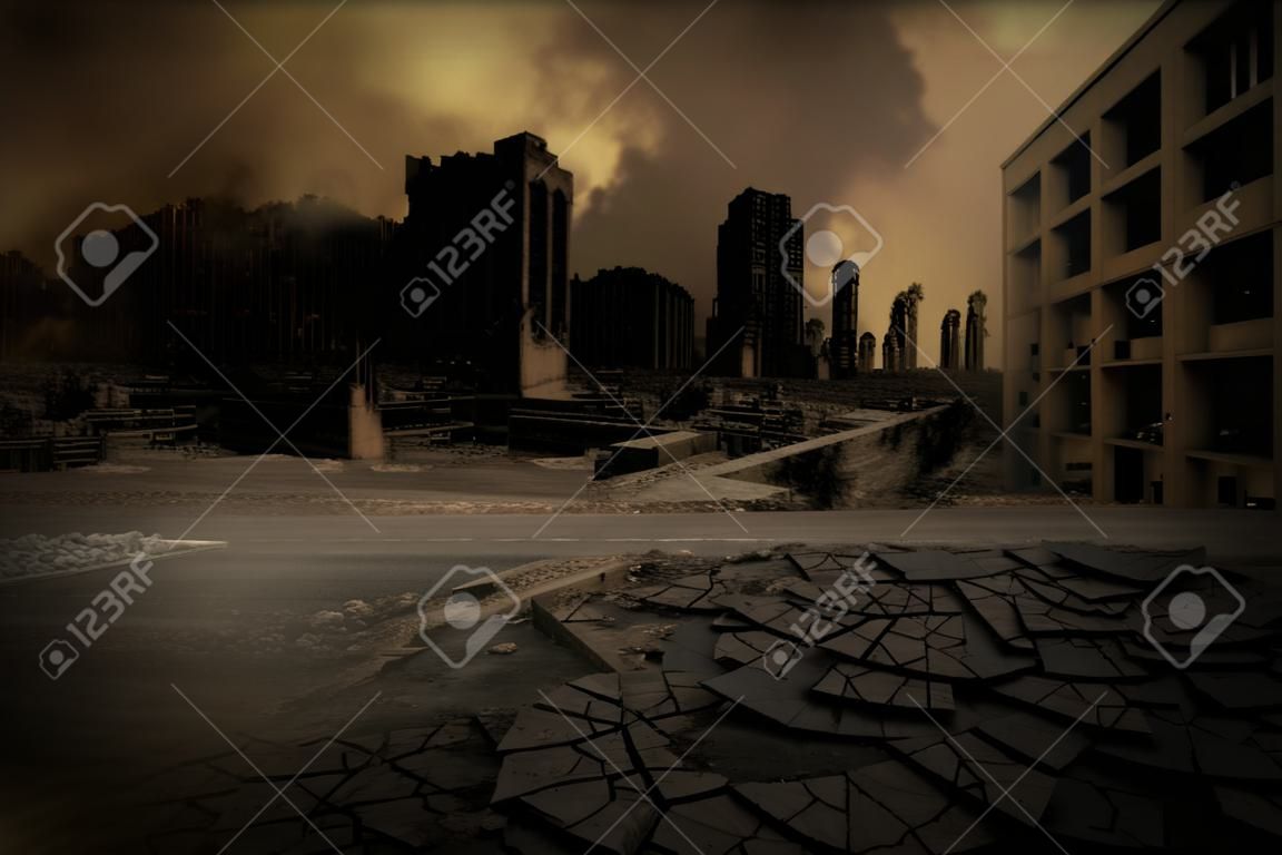 Background destroyed city after a disaster