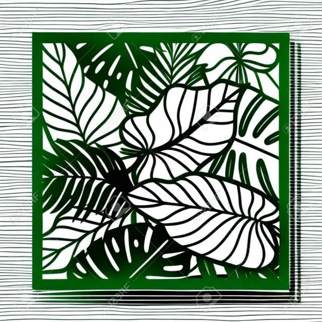 Palmiye yaprağına sahip güzel kart. Yağmur ormanı motifi. Lazer kesim için vektör şablonu. Davet, zarf, tebrik kartı olarak kullanılabilir. Kağıt zanaat silueti.