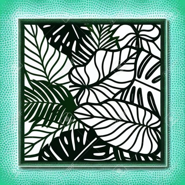 Palmiye yaprağına sahip güzel kart. Yağmur ormanı motifi. Lazer kesim için vektör şablonu. Davet, zarf, tebrik kartı olarak kullanılabilir. Kağıt zanaat silueti.