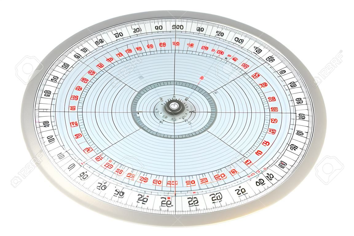 圆形测量设备，在白色背景上的360度，透明量角器
